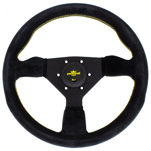 Personal Grinta Suede Steering Wheel 330mm with Yellow Stitching and Black Spokes