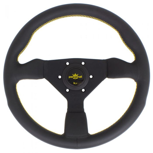 Personal Grinta Leather Steering Wheel 330mm with Yellow Stitching and Black Spokes