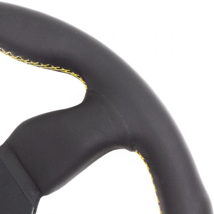 Personal Grinta Leather Steering Wheel 330mm with Yellow Stitching and Black Spokes