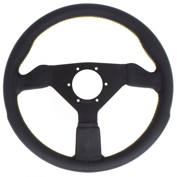 Personal Grinta Kingston Leather Steering Wheel 350mm with Red/Green/Yellow Stitching and Black Spokes