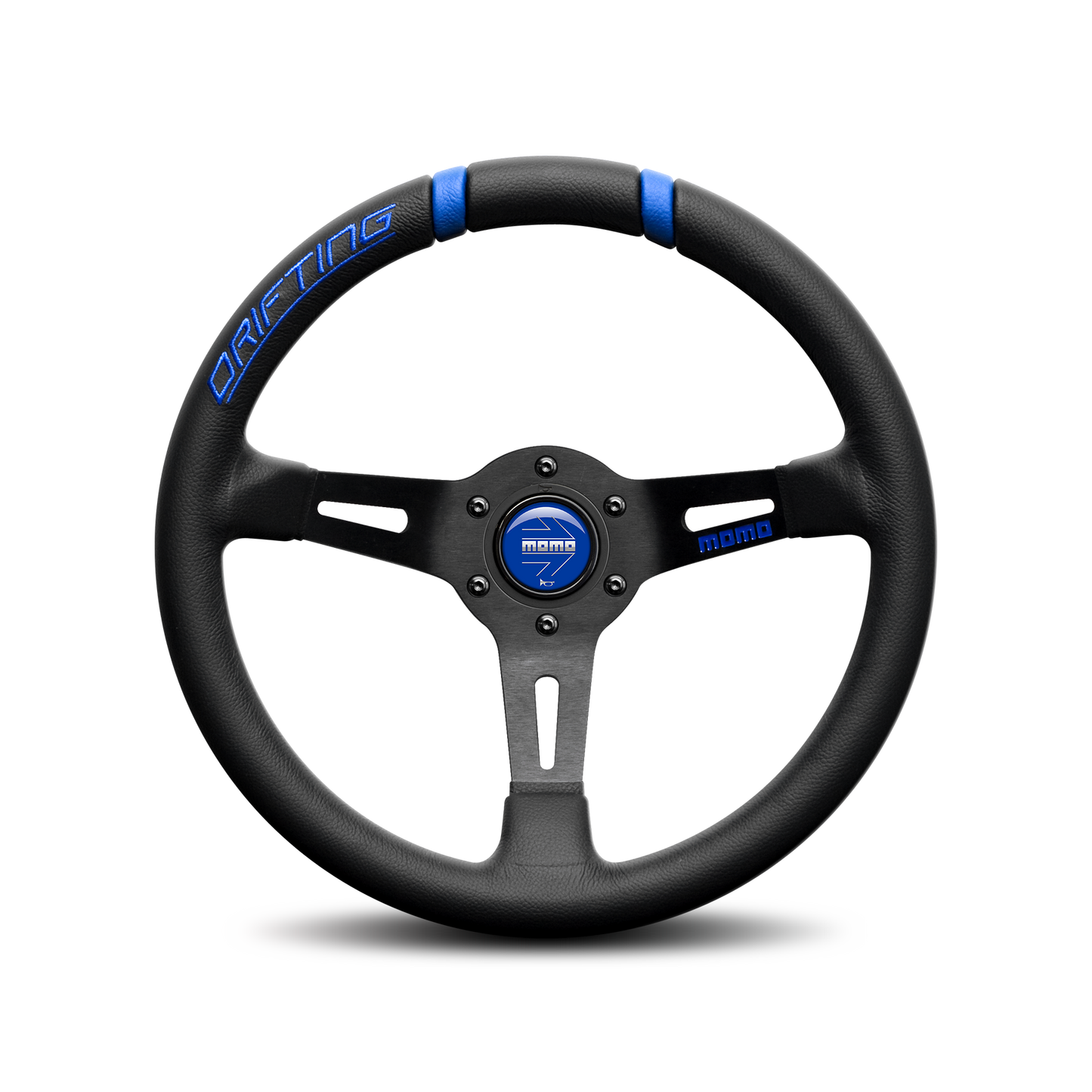 MOMO Drifting Steering Wheel - Black Leather Blue Inserts 330mm 90mm Dish