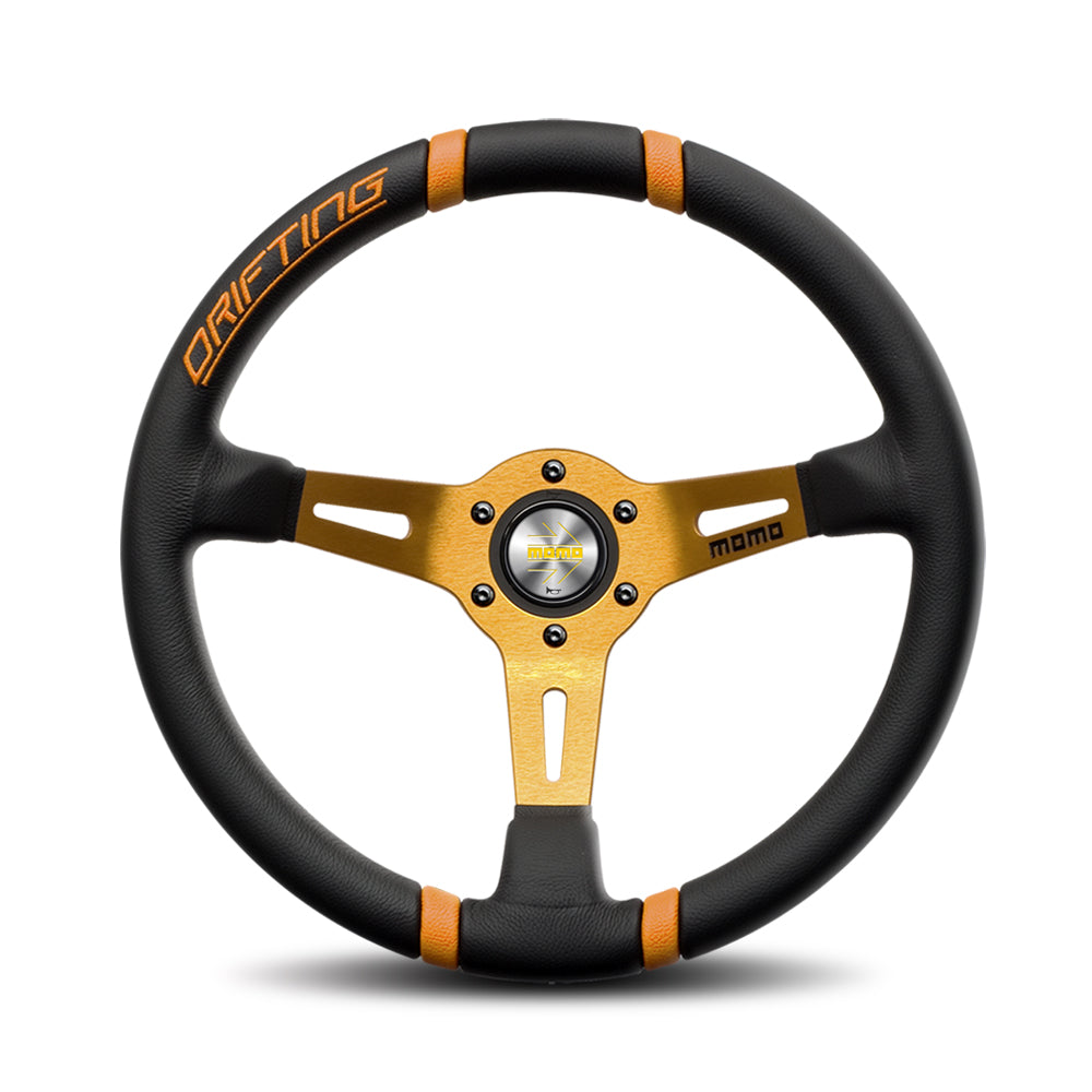 MOMO Drifting Steering Wheel - Black Leather Orange Inserts 350mm 90mm Dish