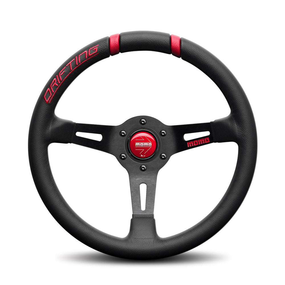 MOMO Drifting Steering Wheel - Black Leather Red Inserts 330mm 90mm Dish