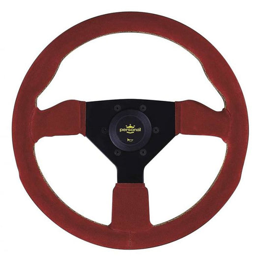 Personal Grinta Red Suede Steering Wheel 330mm with Yellow Stitching and Black Spokes