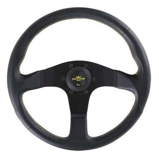 Personal Neo Actis Leather Steering Wheel 350mm with Yellow Stitching and Black Spokes