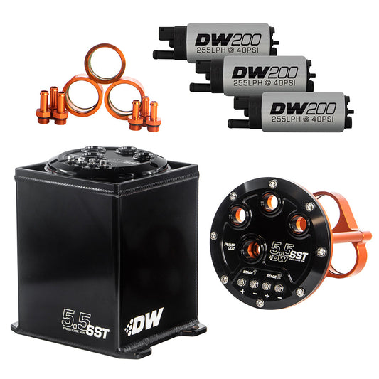 DeatschWerks DW 5.5L Staged Surge Tank, Universal. Includes 3 DeatschWerks DW200 Fuel Pumps