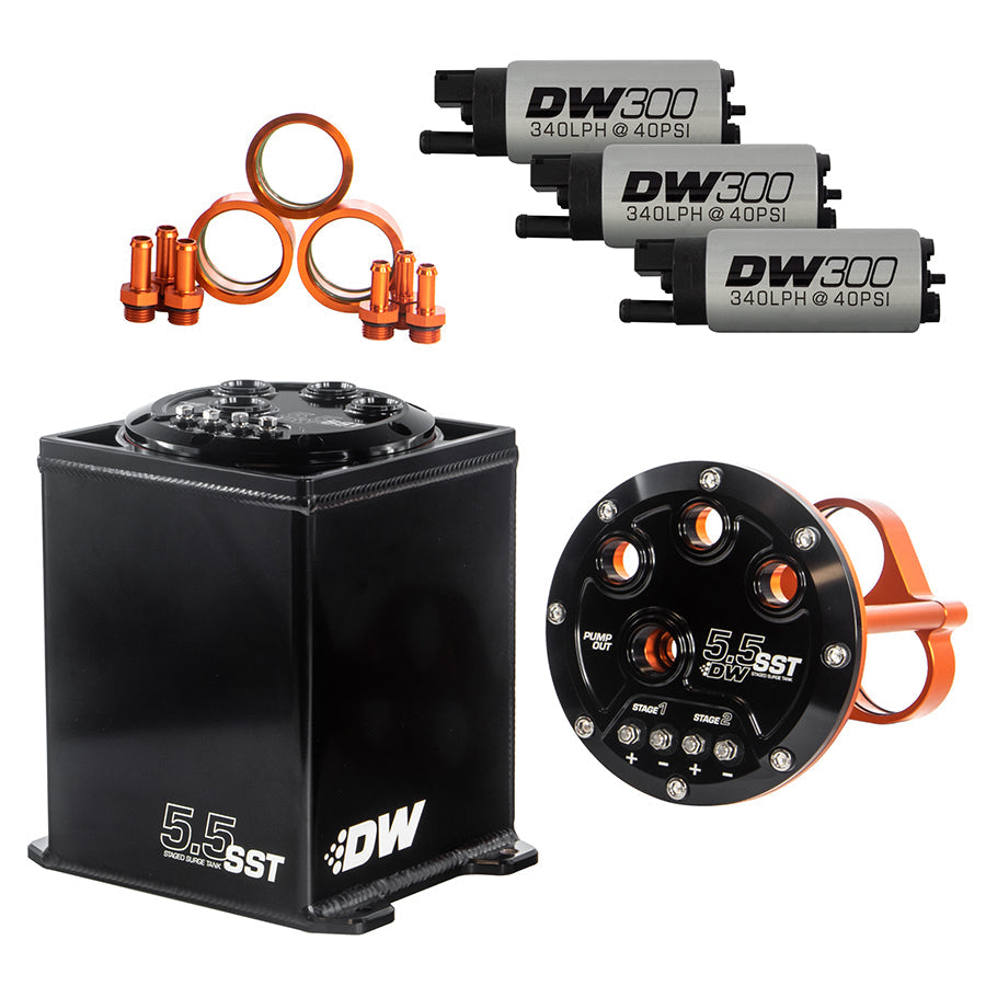 DeatschWerks DW 5.5L Staged Surge Tank, Universal. Includes 3 DeatschWerks DW300 Fuel Pumps