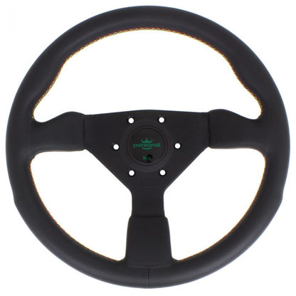 Personal Grinta Kingston Leather Steering Wheel 330mm with Red/Green/Yellow Stitching and Black Spokes