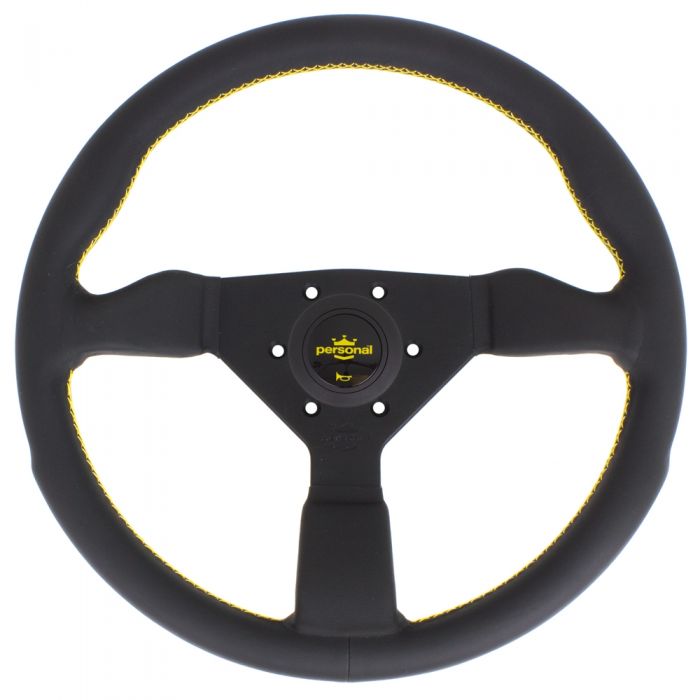 Personal Grinta Leather Steering Wheel 350mm with Yellow Stitching and Black Spokes