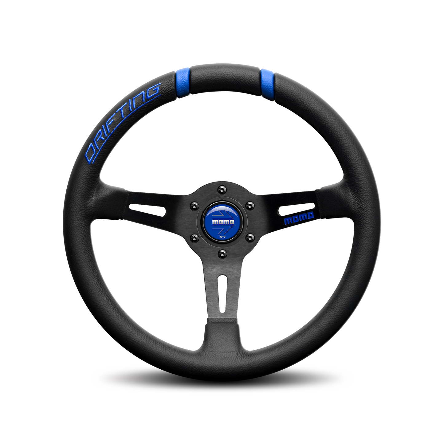 Momo Drifting Steering Wheel - Black Leather Blue Inserts 330mm 90mm Dish