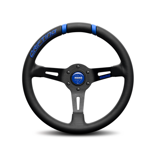 Momo Drifting Steering Wheel - Black Leather Blue Inserts 330mm 90mm Dish