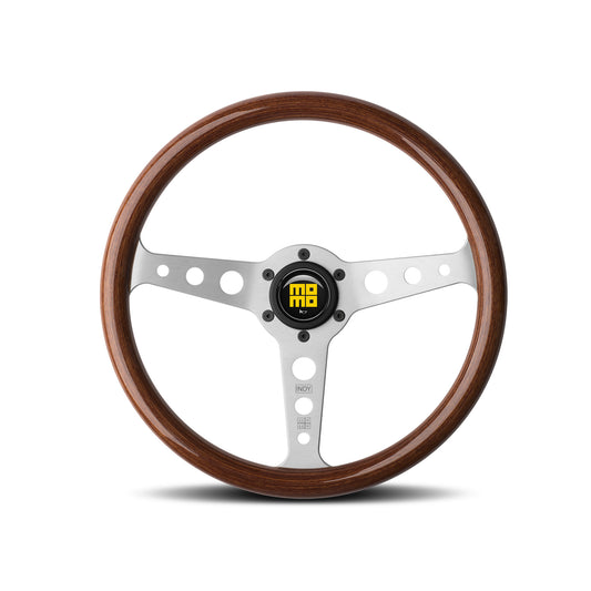 Momo Indy Heritage Steering Wheel - Mahogany Wood/Silver Spoke 350mm