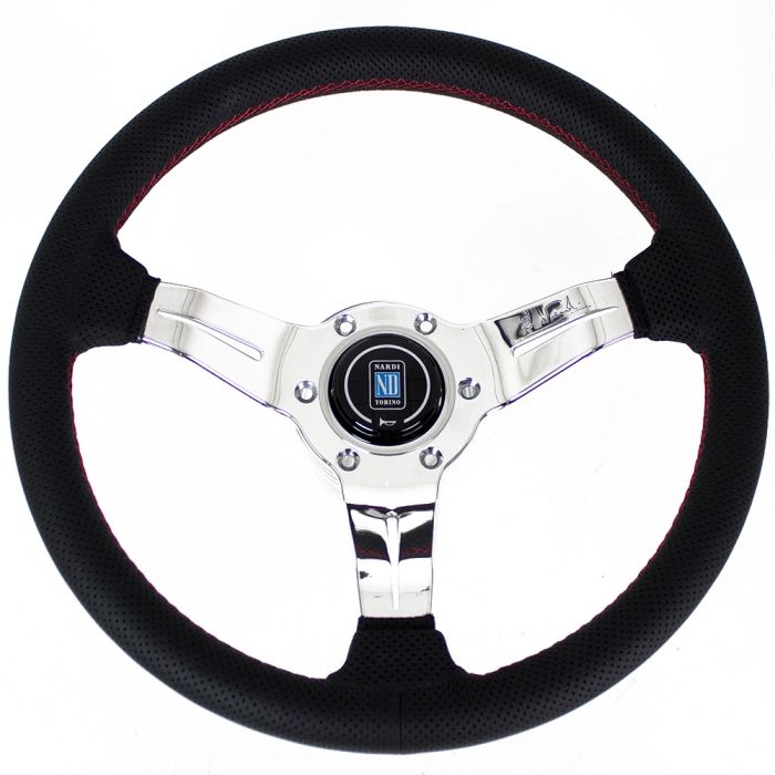 Nardi Deep Corn Perforated Leather Steering Wheel 330mm with Red Stitching and Polished Spokes