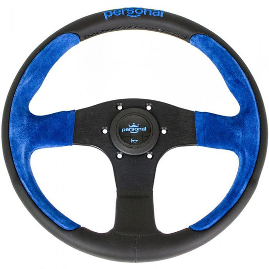 Personal Pole Position Black Leather/Blue Suede Steering Wheel 330mm with Black Spokes
