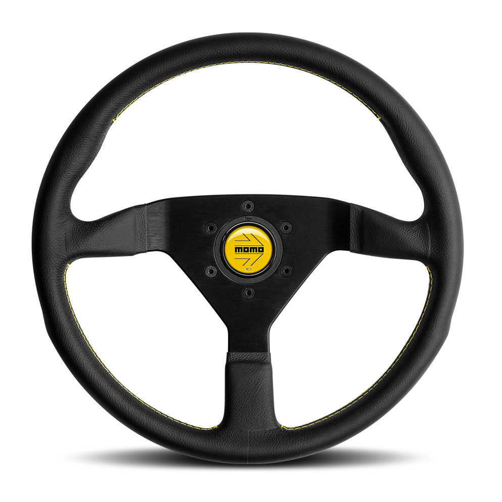 Momo Montecarlo Steering Wheel - Black Leather/Yellow Stitch & Horn 350mm