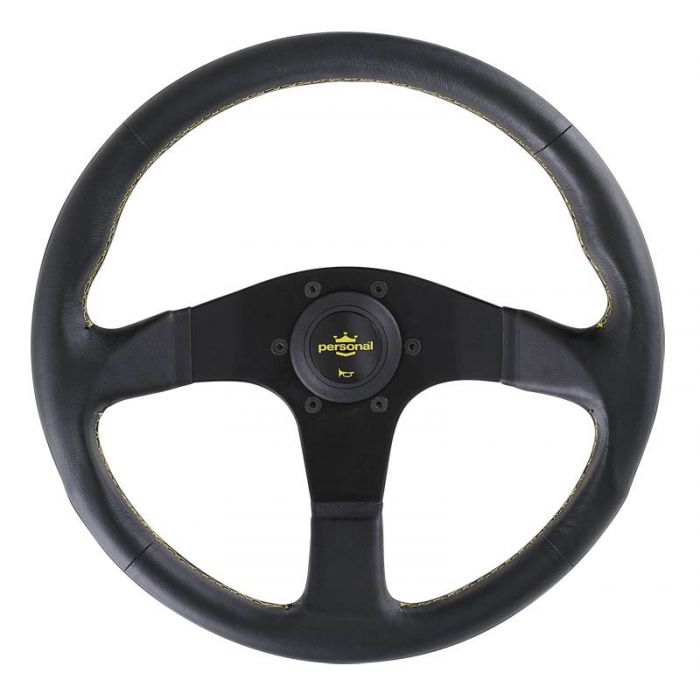 Personal Neo Actis Leather Steering Wheel 330mm with Yellow Stitching and Black Spokes