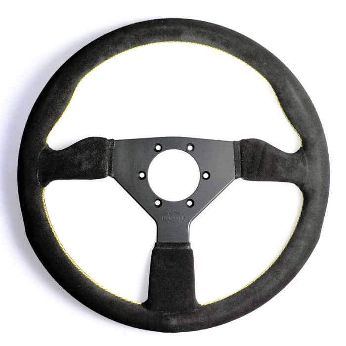 Personal Grinta Suede Steering Wheel 350mm with Yellow Stitching and Black Spokes