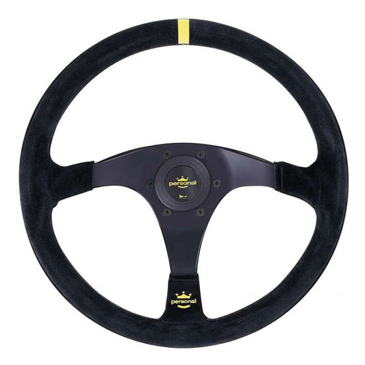 Personal Trophy Suede Steering Wheel 350mm with Yellow Stitching and Black Spokes