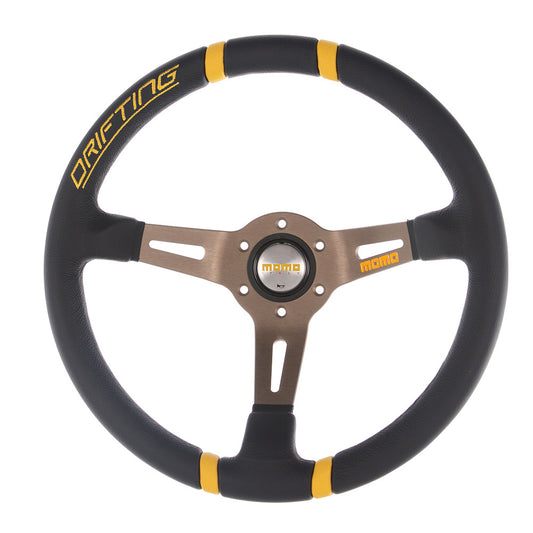 Momo Drifting Steering Wheel - Black Leather Yellow Inserts 350mm 90mm Dish