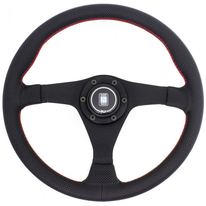 Nardi Gara Leather Steering Wheel 350mm with Red Stitching and Black Spokes