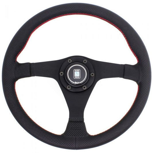 Nardi Gara Leather Steering Wheel 350mm with Red Stitching and Black Spokes
